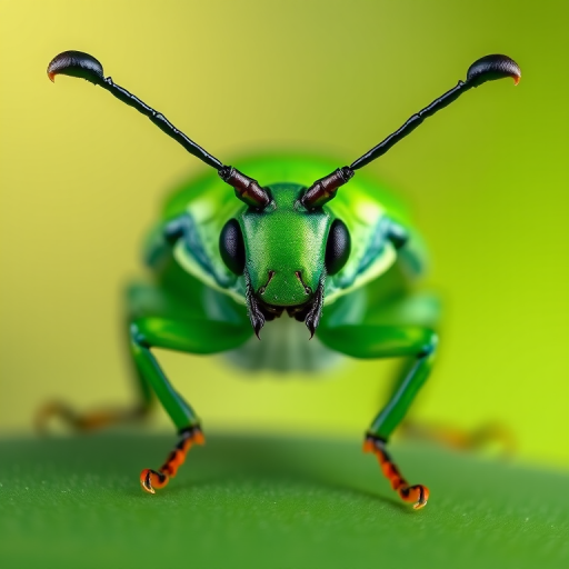 Create a vibrant cartoon-style image of a green beetle with large antennae and smooth curves, captured with a macro lens at f/4, ISO 100, 1/200s shutter speed, positioned at eye level with a soft gradient background for enhanced focus on the beetle.