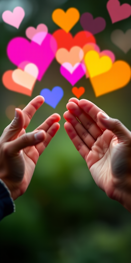 Create an image of two hands reaching out to each other with colorful, glowing heart shapes floating between them, captured with a DSLR camera at f/2.8 aperture, ISO 100, 50mm lens, with a soft bokeh background to enhance image quality.