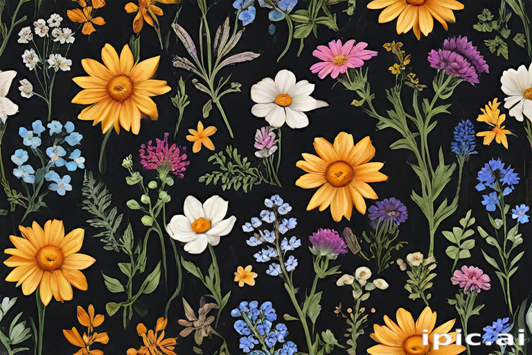 Colorful Floral Pattern Featuring Diverse Flowers Against a Dark Background