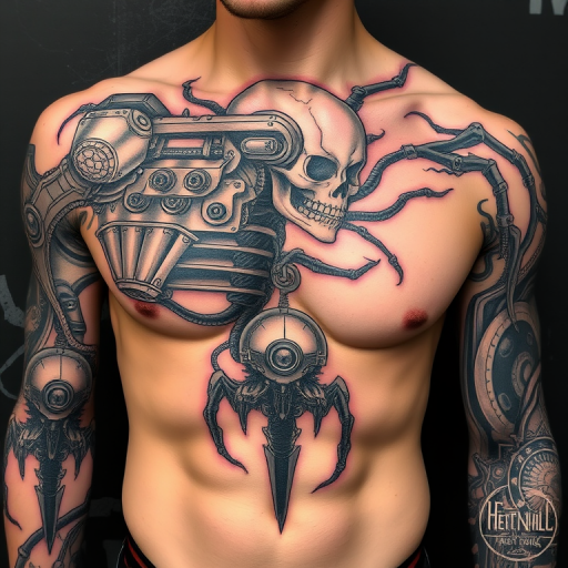 Biomechanical tattoo style known as "Cyborg Evolution" merging organic forms with mechanical components to create the illusion of exposed robotic parts beneath the skin