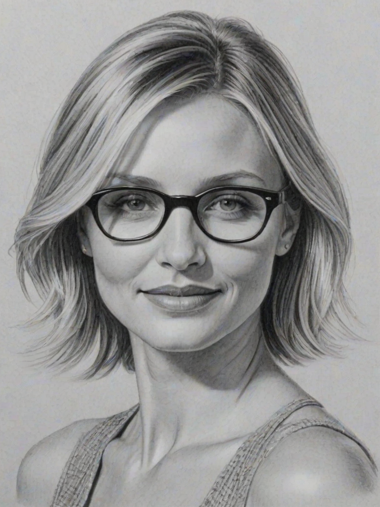 Appealing Cameron Diaz, pencil sketch, portrait of Wonderful woman 1932s in glasses, hair style beatnik, outline, clear lines, fine lines, 8k