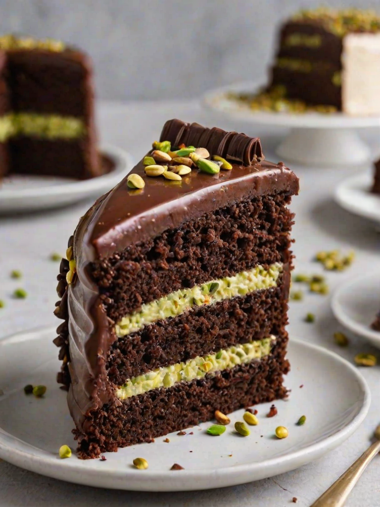 Generate an image of a slice of chocolate cake with a rich, glossy chocolate frosting, layered with a creamy filling and sprinkled with chopped pistachios around the edges. The cake should appear moist and fluffy, showcasing its texture and layers. The background should be soft and blurred to emphasize the cake.