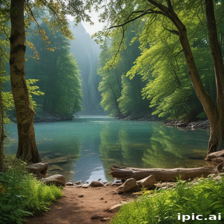 Tranquil Forest Scene with Lush Green Trees and Reflective Water