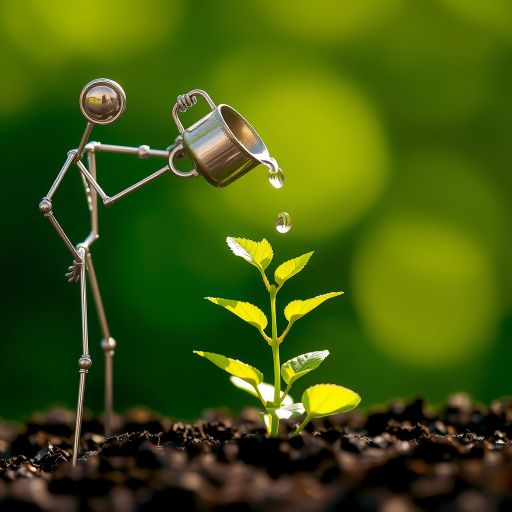 A metal figurine of a person, constructed from thin, silver rods, stands on the left side of the image, facing the viewer. The figurine is holding a small watering can and pouring water onto a young plant, with a few droplets in the air. The plant, with lush green leaves, is situated in the center, growing from dark soil. The background is a soft, out-of-focus blur of green, illuminated by warm, natural light.  The composition creates a sense of depth and intimacy. The image evokes feelings of growth, nurture, and hope.