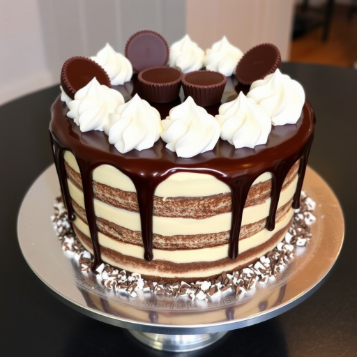 A beautifully decorated chocolate cake with layers of creamy frosting topped with chocolate ganache and dollops of whipped cream, adorned with chocolate cups and crushed candy on the sides, presented on a silver cake stand.