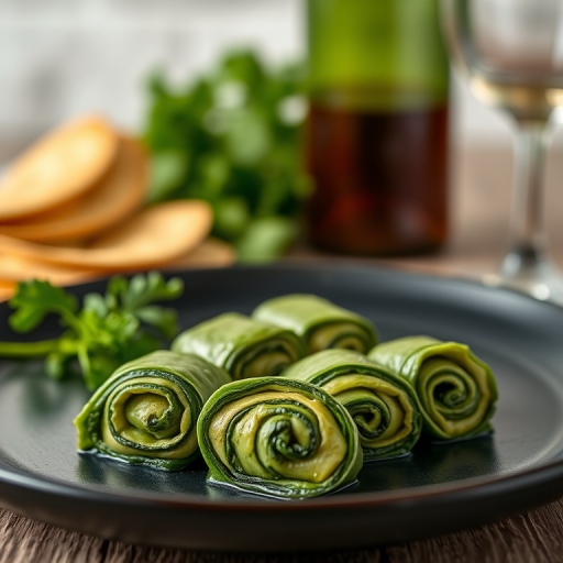 Capture a close-up shot of rolled spinach dishes on a dark plate, with a wine bottle and glass in the background, using a Canon EOS R5, aperture f/2.8, ISO 100, 50mm lens, with a shallow depth of field for a blurred background effect.