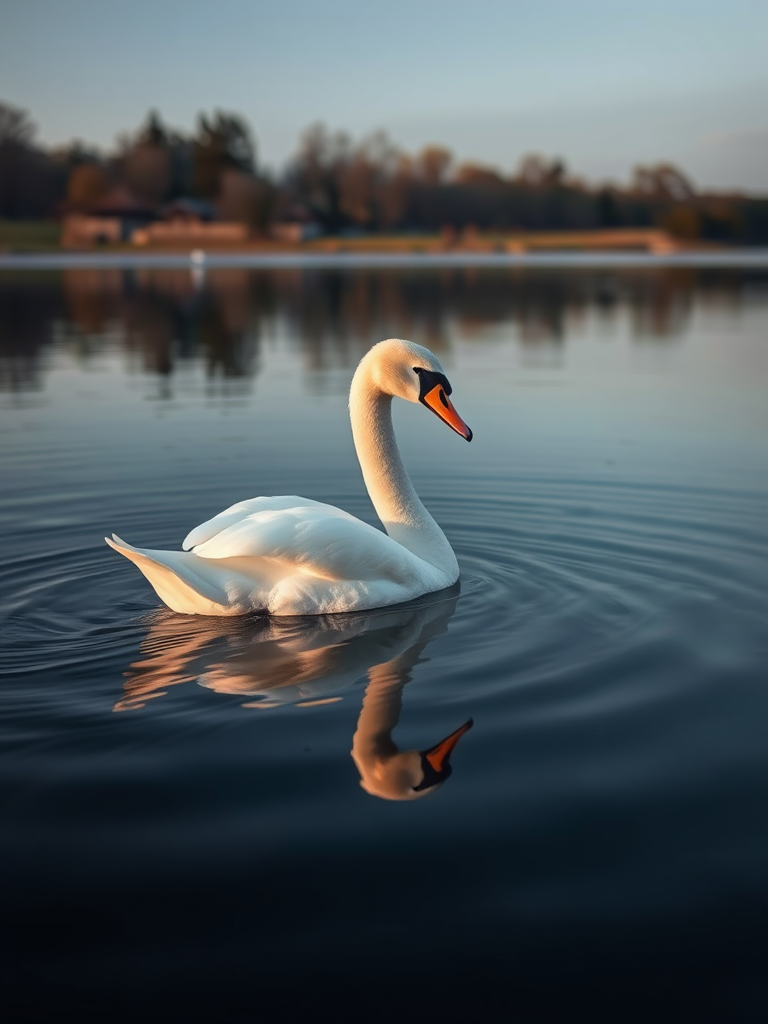 Capture a serene image of a swan swimming gracefully on still water at dawn, using a DSLR camera with a 50mm lens, aperture set to f/2.8 for a shallow depth of field, ISO 100 for low noise, and a shutter speed of 1/200s to freeze motion, ensuring a calm reflection is visible in the water.