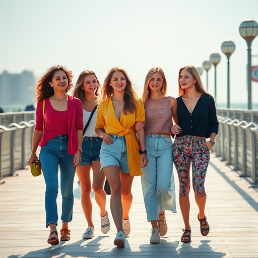 A group of young women walking together on a sunlit promenade, captured with a Canon EOS R5, 50mm lens, f/1.8 aperture, ISO 100, 1/200s shutter speed, in shallow depth of field for a soft background blur, emphasizing the vibrant colors and details of their outfits.
