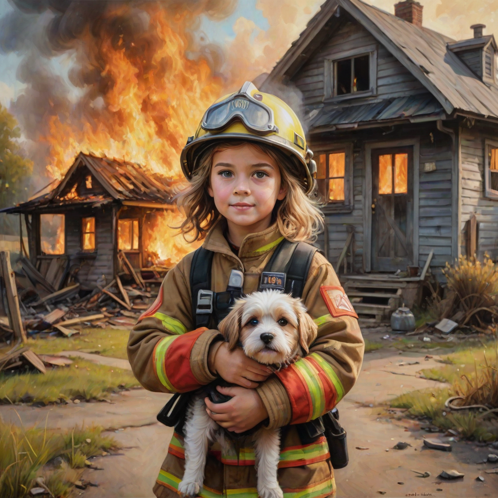 airbrushed oil painting, pixar style, cute little girl in fireman gear, helmet, tousled hair, expressive eyes, standing in the doorstep of a cottage burning behind him, holding a cute little dog in her arm, atumn sky