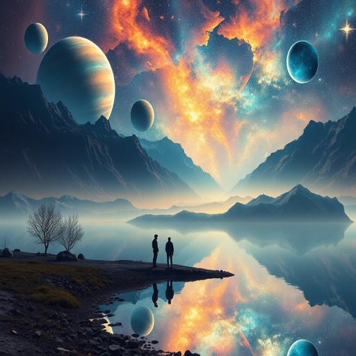 Create a high-resolution digital painting of a surreal cosmic landscape featuring a vibrant blend of planets, galaxies, and mountains, with two figures standing by a reflective lake, using a DSLR camera with a 24mm lens, aperture f/8, ISO 100, and a soft focus effect for enhanced depth and clarity.