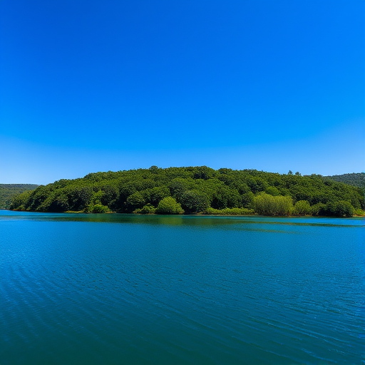 Generate a high-resolution image of a tranquil landscape featuring a calm lake surrounded by lush greenery under a clear blue sky, using a DSLR camera with an aperture of f/8, ISO 100, shutter speed of 1/125 sec, wide angle view, and natural lighting.