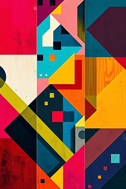 Create an abstract image featuring a vibrant mix of geometric shapes and patterns with high contrast colors, using a Canon EOS R5 camera, 50mm lens, aperture f/1.8, ISO 100, natural lighting, and a shallow depth of field for enhanced clarity and detail.