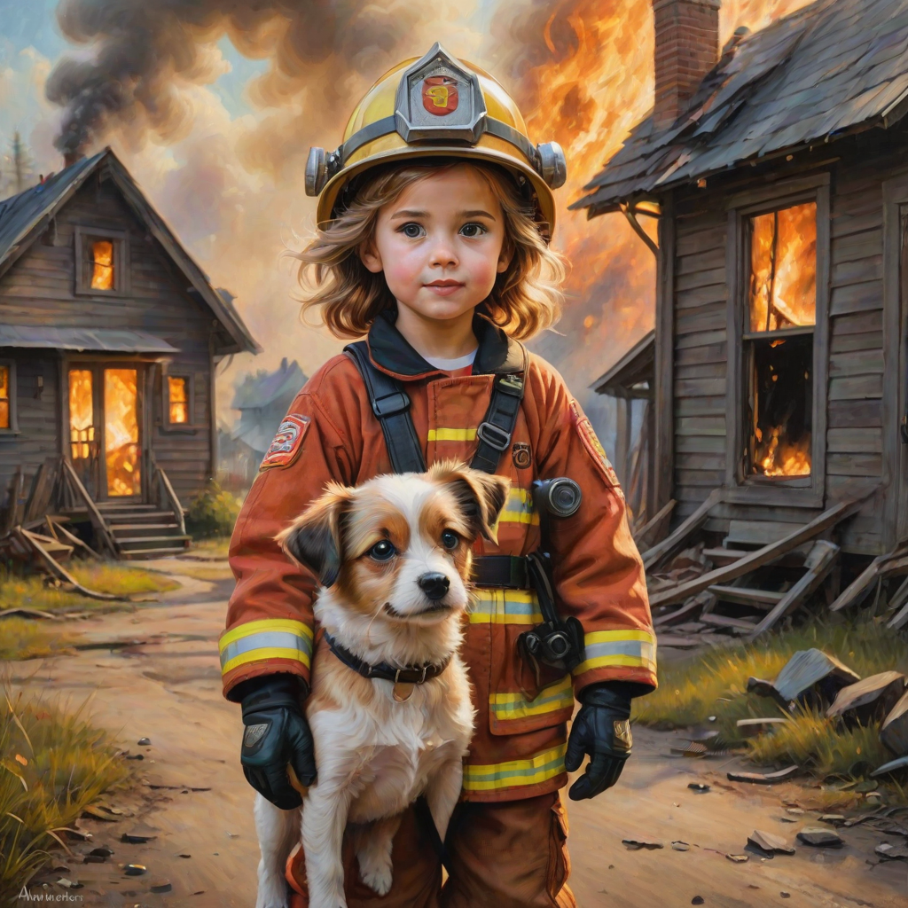 airbrushed oil painting, pixar style, cute little girl in fireman gear, helmet, tousled hair, expressive eyes, standing in the doorstep of a cottage burning behind him, holding a cute little dog in her arm, atumn sky