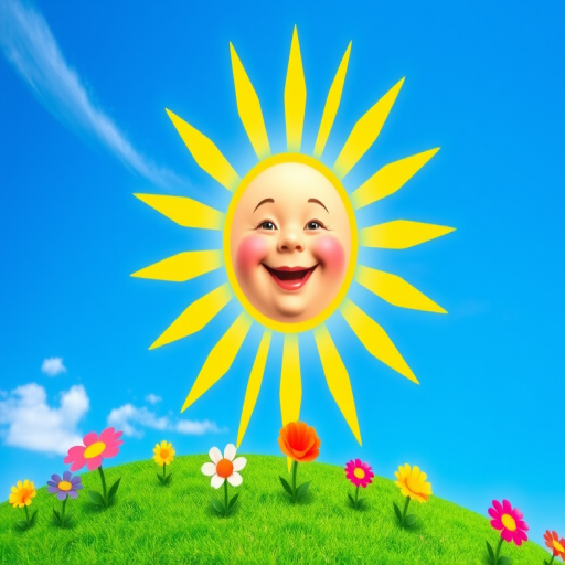 Create an image shows a bright, sun with a smiling baby's face in the center, radiating soft yellow rays. The sun is set against a clear blue sky with a few wispy clouds. Below, there's a lush green grassy hill with colorful, oversized flowers, giving the scene a whimsical, playful atmosphere.