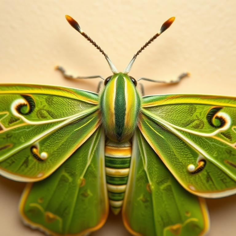 Create a highly detailed, symmetrical illustration of a green striped moth on a soft beige background, using a DSLR camera with a macro lens, f/8 aperture, ISO 100, 1/125 sec shutter speed, top-down view, focusing on vibrant colors and textures.