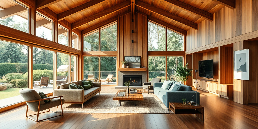 interior of a luxurious wooden living room with large glass windows overlooking a garden, soft natural lighting, modern yet cozy furniture setup with green accents, captured with a DSLR camera at f/2.8 aperture, 24mm lens, ISO 200, in a wide-angle view to enhance depth and clarity.