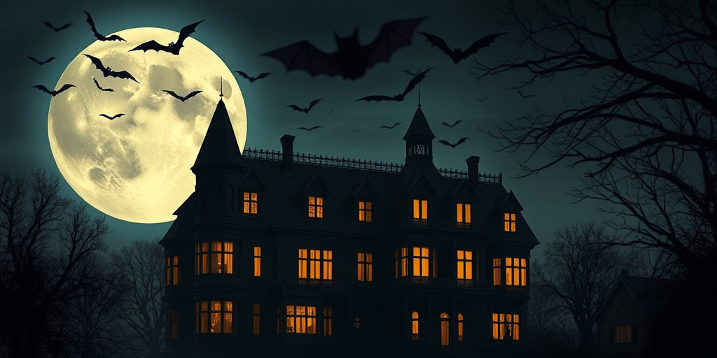 A dark and eerie haunted mansion illuminated by glowing windows with an oversized full moon in the background surrounded by flying bats and silhouetted trees in a moody twilight setting.