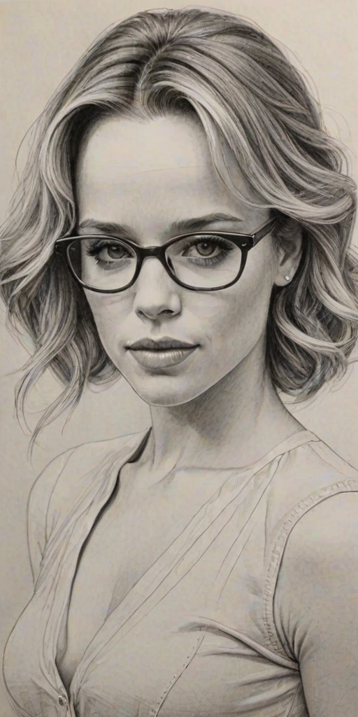Stunning Rachel McAdams, pencil sketch, portrait of Graceful woman 1974s in glasses, hair style beatnik, outline, clear lines, fine lines, 8k