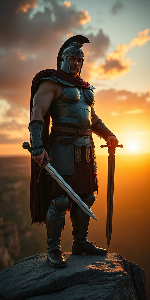 Regenerate an image of a muscular warrior in ancient armor standing on a cliff at sunset, holding a sword, dramatic lighting, captured with a Canon EOS R5, 35mm lens, f/1.8 aperture, ISO 100, with a low angle view for emphasis on the warrior's stature and the picturesque background.