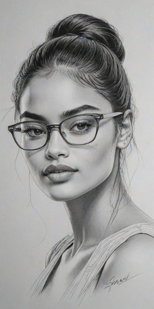 Gorgeous Shanina Shaik, pencil sketch, portrait of Fetching woman 1965s in glasses, hair style beatnik, outline, clear lines, fine lines, 8k