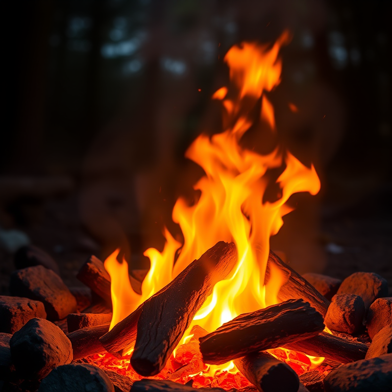 Create a high-resolution illustration of a campfire with vibrant flames and glowing embers, photographed from a low angle to enhance depth, using a DSLR camera with a 50mm lens, aperture set to f/2.8 for a shallow depth of field, and a warm color filter to emphasize the fire's hues.