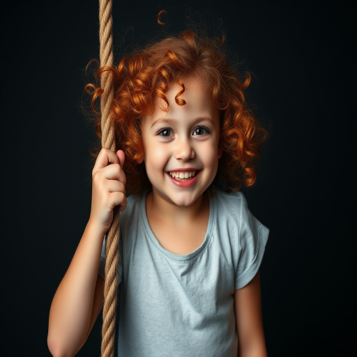 Generate a high-resolution image of a young girl with vibrant curly red hair, joyfully holding onto a thick rope, set against a dark background, captured with a DSLR camera, 50mm lens, f/1.8 aperture, ISO 100, soft lighting to enhance facial features and hair texture.