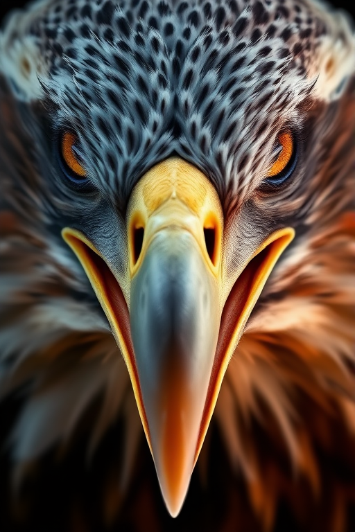 Create a highly detailed close-up image of a fierce eagle with sharp, intense eyes and dramatic lighting, emphasizing its strong beak and intricate feather textures.