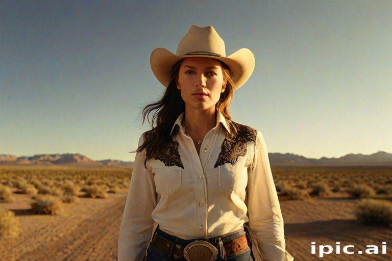 Dramatic photo of a beautiful Western American woman, classic cowboy attire, confident and free spirit expression, half-length portrait, centered, golden hour desert landscape, warm, diffused light, low angle, medium format film camera, in style of Annie Leibovitz.