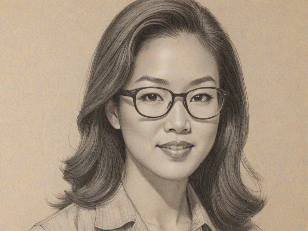 Delightful Michelle Kwan, pencil sketch, portrait of Radiant woman 1956s in glasses, hair style beatnik, outline, clear lines, fine lines, 8k