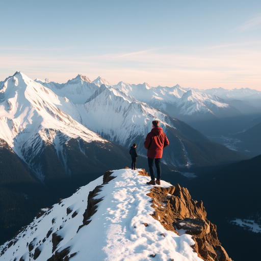 Capture a stunning landscape of two people standing on a snowy mountain ridge with majestic peaks in the background, using a DSLR camera at 24mm, f/11, ISO 100, and a shutter speed of 1/200 sec, shot from a slightly elevated angle for depth and perspective.