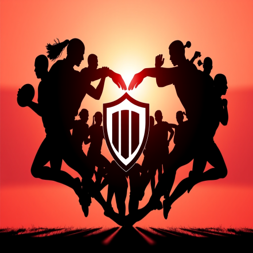 Create a high-resolution graphic design featuring a heart shape intertwined with silhouettes of athletes, incorporating a stylized shield emblem in the center, shot with a DSLR camera at f/2.8, ISO 100, 50mm lens, standard view, and vibrant colors to enhance clarity and detail.