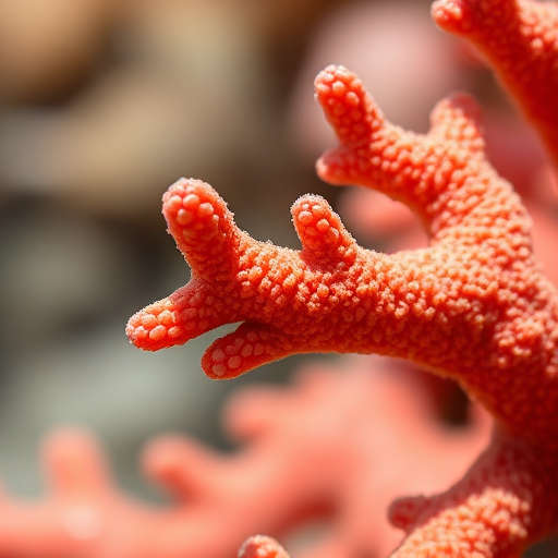 Create a highly detailed illustration of a coral branch with intricate texture and shading, use a macro lens with a shallow depth of field, f-stop at f/2.8, ISO 100, 1/125s shutter speed, captured in natural light to enhance color contrast and clarity.