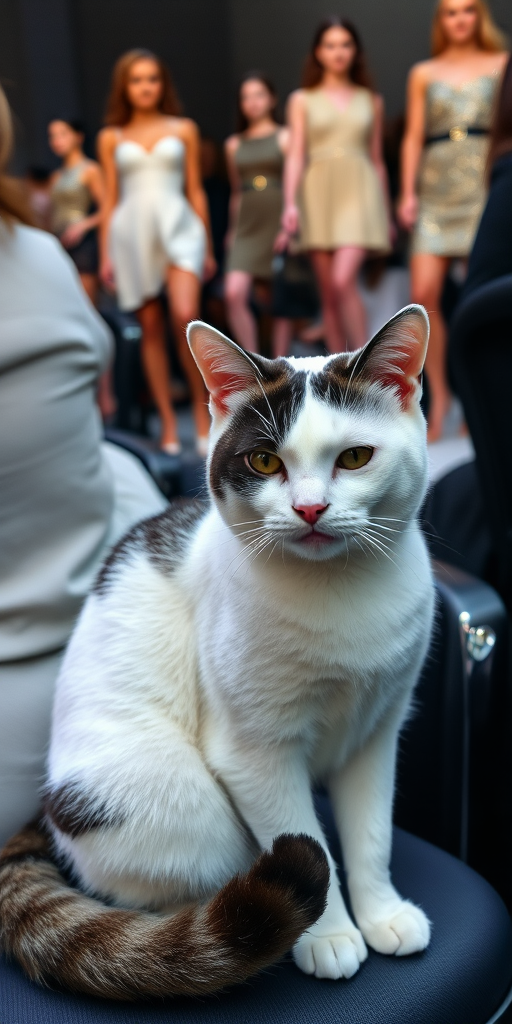 A close-up photograph of a white and black cat sitting among the audience at a fashion show. Its tail is curled beside it, and its predominantly white face shows a distinctive expression, resembling a domestic shorthair, with slightly squinted eyes that convey frustration. Surrounded by spectators, the cat watches as models walk down the runway in high-fashion outfits, sitting grumpily in its chair, clearly unimpressed by the glamorous spectacle.