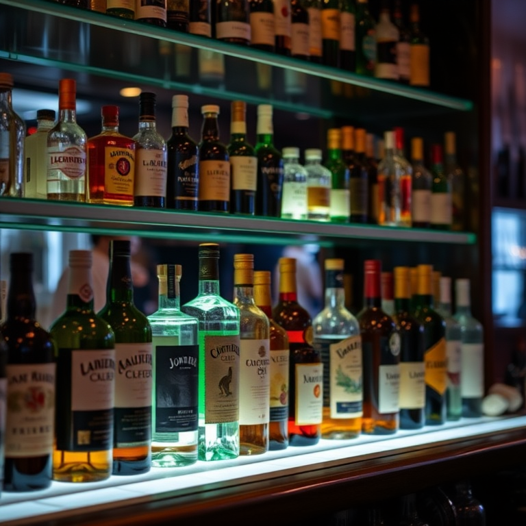 A well-lit bar shelf displaying various bottles of liquor, shot from a slight angle, using a 50mm lens, aperture f/2.8, ISO 200, proper white balance to enhance colors, soft focus background.