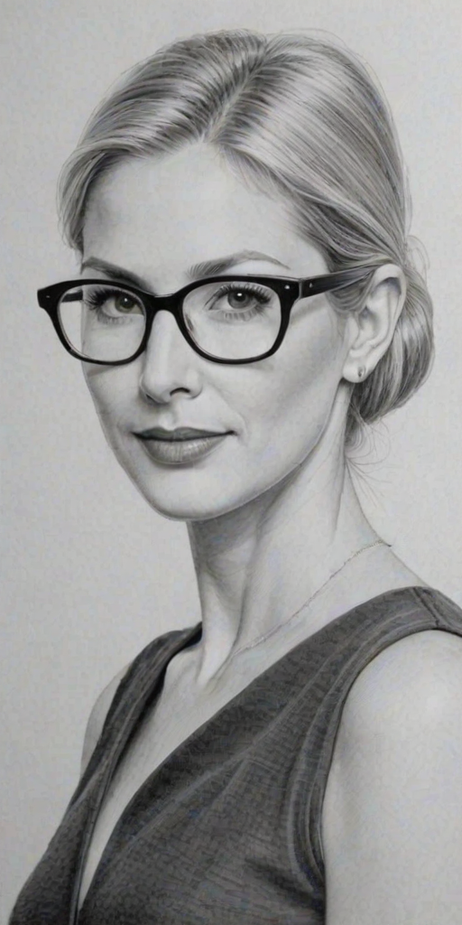 Magnificent Kelly Rutherford, pencil sketch, portrait of Lovely woman 1958s in glasses, hair style beatnik, outline, clear lines, fine lines, 8k