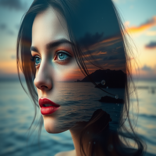 this picture is Book cover, A surreal double exposure portrait that blends a woman's face with a beautiful seascape. The overall mood is dreamy and mystical, with rich colors and intricate details