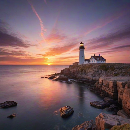 Generate an image of a tall lighthouse perched on a rocky outcrop surrounded by calm ocean waters during a breathtaking sunset. The lighthouse stands sturdy and weathered, its stone surface illuminated by the warm golden light of the setting sun. The sun's rays pass directly through the glass lantern room at the top of the lighthouse, casting a brilliant light across the scene. The sky is painted with vibrant shades of orange, pink, and purple, reflecting off the tranquil sea. The surrounding water shimmers with the same warm hues, creating a serene and majestic atmosphere.
