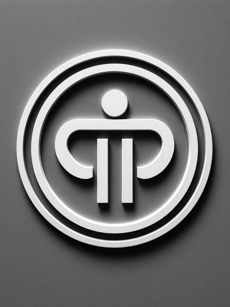 Create a high-resolution black and white logo featuring a stylized symbol within a bold circular outline, captured with a Canon EOS R5, 50mm lens, f/1.8 aperture, ISO 100, with a top-down view and excellent contrast.