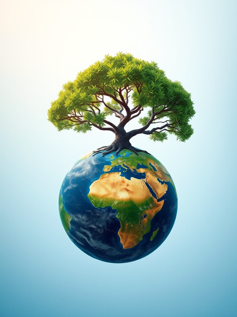 Create a digital illustration of a tree on top of a globe representing Earth, using a macro lens at f/8 for depth of field, ISO 100 for clarity, 50mm focal length, with a bright, smooth gradient background.