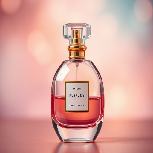 Create a realistic and detailed image of an elegant perfume bottle with a shimmering gold and pink gradient, soft background with blurred colors, shot with a DSLR camera at f/2.8, ISO 100, 50mm lens, in a flat lay view and soft lighting to enhance sheen and reflections.