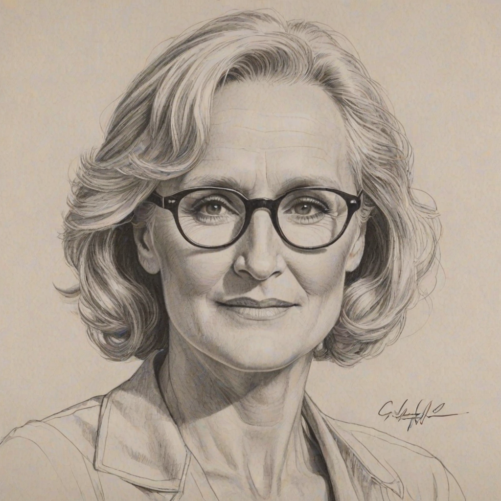 Appealing Glenn Close, pencil sketch, portrait of Delightful woman 1971s in glasses, hair style beatnik, outline, clear lines, fine lines, 8k