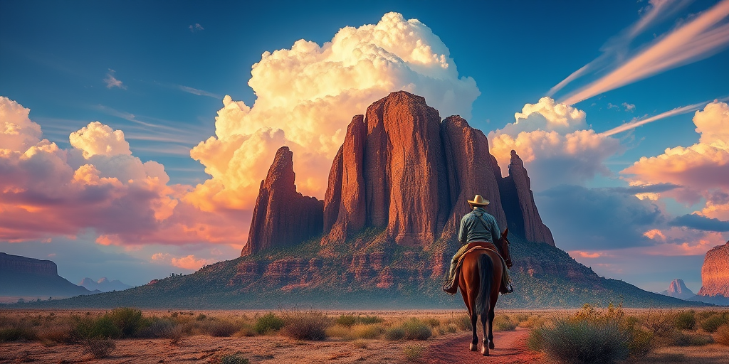 Create a vivid landscape illustration featuring a lone cowboy on horseback in front of a dramatic rock formation under a vibrant sky with clouds, shot with a DSLR camera at f/8 aperture, 35mm lens, HDR mode, and a wide-angle view to enhance detail and depth.