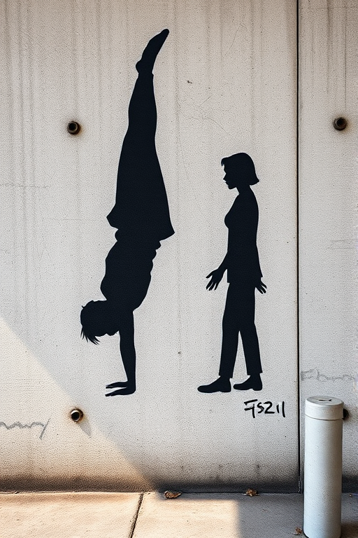 create a high-resolution image of a black silhouette mural depicting two figures, one in a handstand and the other standing upright, on a textured concrete wall with rough finishes, using a DSLR camera with a 50mm lens, aperture f/2.8, ISO 100, and a focal length of 50mm.