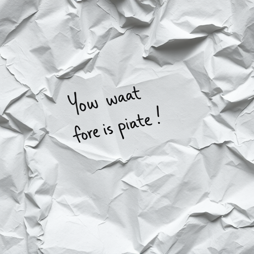 Generate a high-resolution image of crumpled paper with handwritten text, using a Canon EOS 5D Mark IV, aperture f/4.0, ISO 100, 50mm lens, top-down view, soft diffused lighting for enhanced texture and detail.