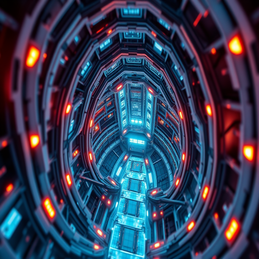 high-angle shot of a futuristic abstract structure with glowing light sources, soft focus, ISO 200, f/2.8 aperture, 24mm lens, DSLR camera, high dynamic range imaging