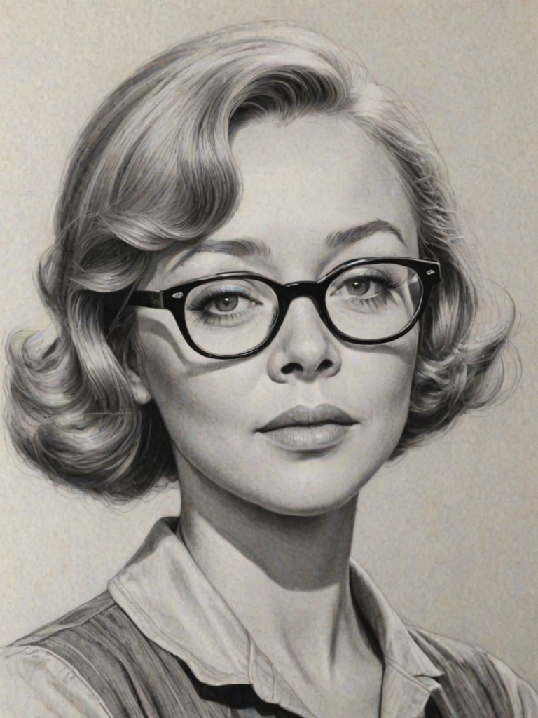 Delightful Glynis Johns, pencil sketch, portrait of Captivating woman 1966s in glasses, hair style beatnik, outline, clear lines, fine lines, 8k