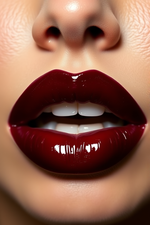 Seductive "Black Cherry" lips flaunting a deep, glossy burgundy shade, expertly overlined for a voluminous, juicy appearance