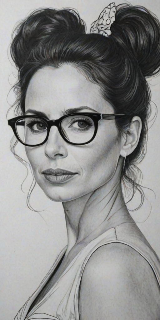 Gorgeous Minnie Driver, pencil sketch, portrait of Stunning woman 1946s in glasses, hair style beatnik, outline, clear lines, fine lines, 8k
