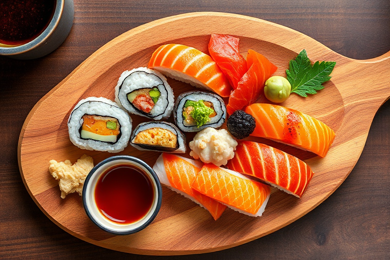 sushi on a wooden platter with dipping sauces, garnished with ginger and wasabi, shot with a Canon EOS 90D, 50mm f/1.8 lens, aperture f/2.8, ISO 200, natural lighting, top-down view, high detail, vibrant colors