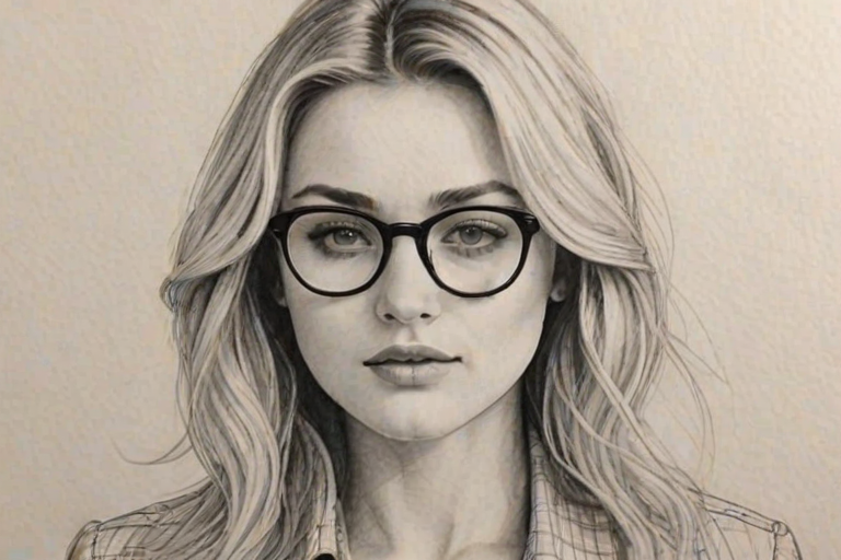 Captivating Amanda Michalka, pencil sketch, portrait of Sublime woman 1975s in glasses, hair style beatnik, outline, clear lines, fine lines, 8k